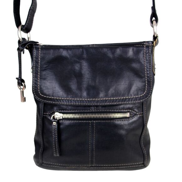 FOSSIL BLACK GENUINE LEATHER KEY CHAIN X-BODY MESSENGER SHOULDER BAG HANDBAG - Picture 2 of 16